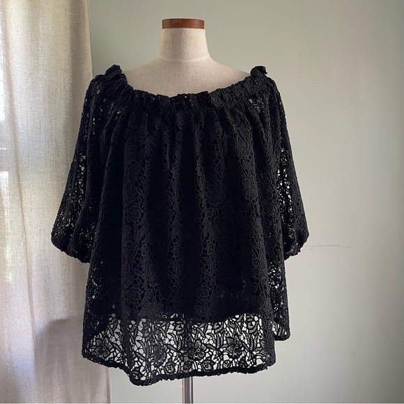 Anthropologie Maeve Black Off the Shoulder Cut work eyelet top NWT Large - Picture 1 of 5